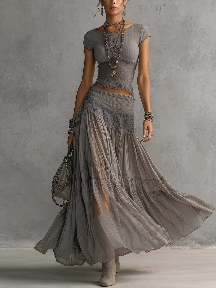 Elena | Lace-Paneled Maxi Skirt Set