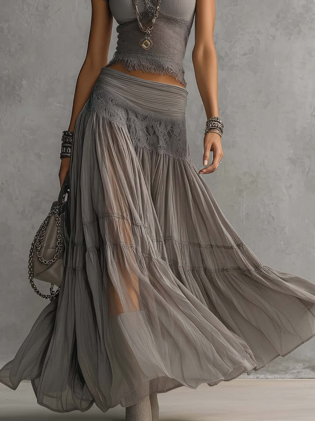 Elena | Lace-Paneled Maxi Skirt Set