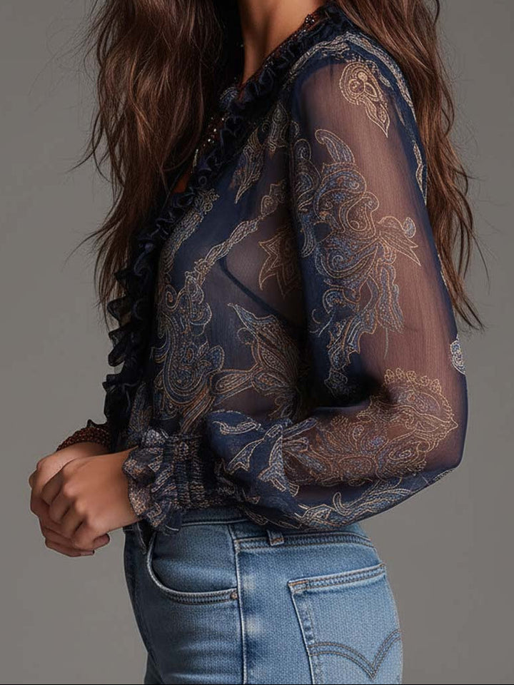 Elise | Baroque Paisley Ruffle Zip Chiffon Blouse