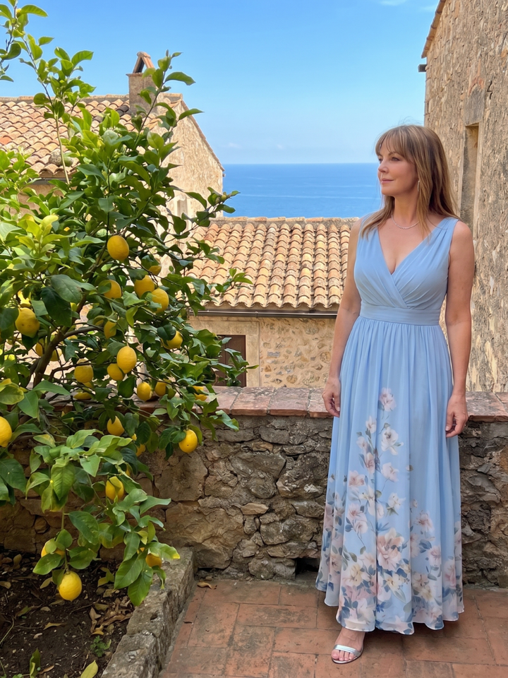 Taylor | Sleeveless V Neck Soft Floral Hem Midi Dress