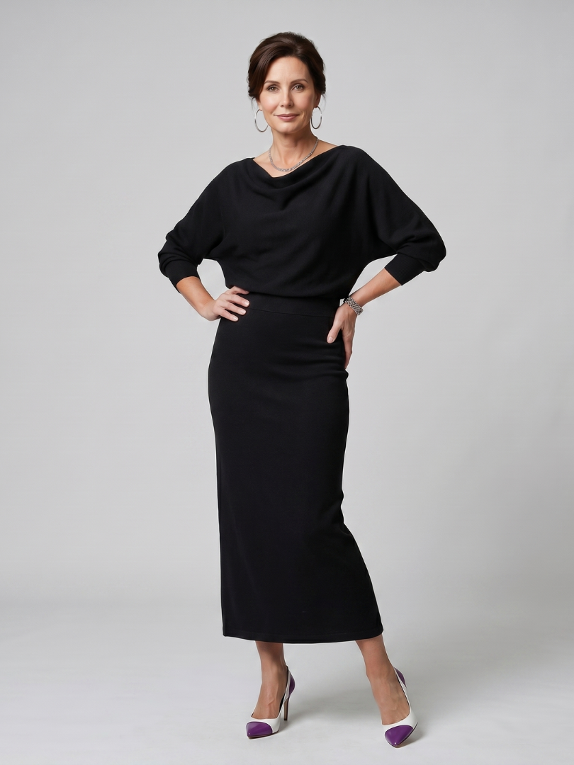 Ashley | Draped Neckline Fitted Skirt Midi Dress