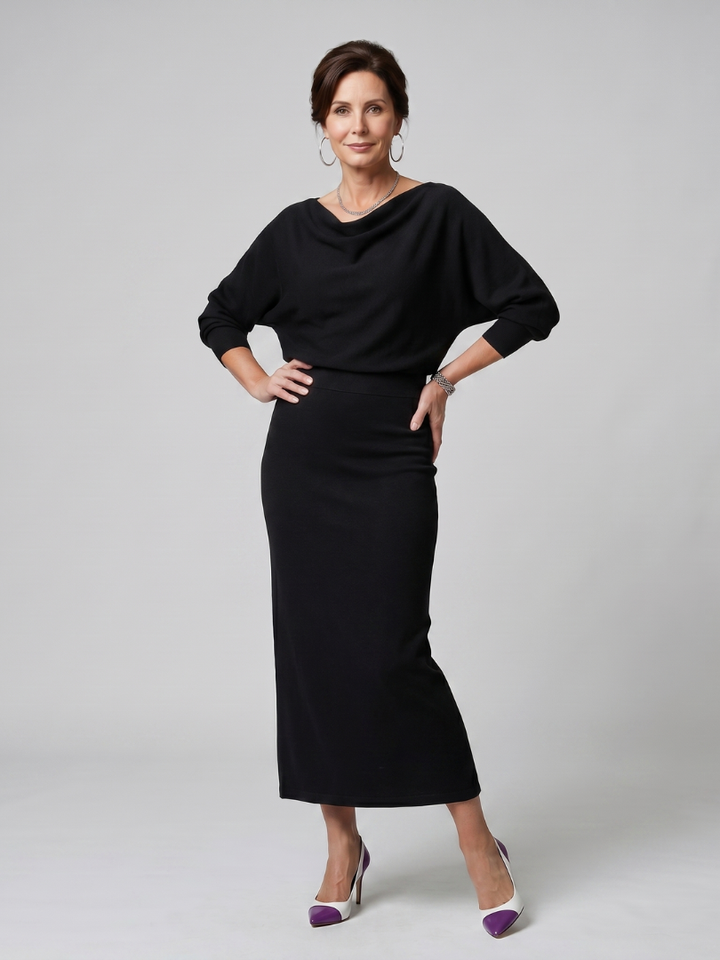 Ashley | Draped Neckline Fitted Skirt Midi Dress