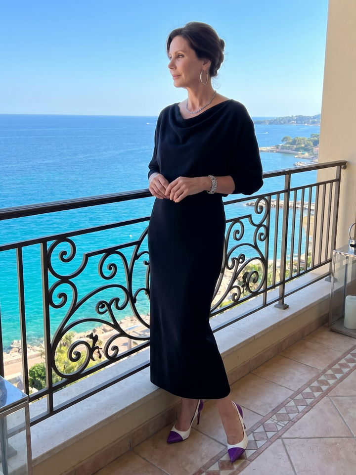 Ashley | Draped Neckline Fitted Skirt Midi Dress