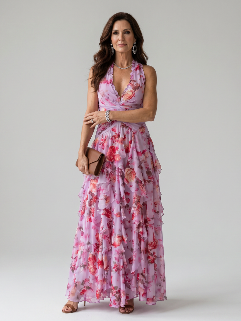 Tessa | Halter Neck Ruched Bodice Floral Maxi Dress
