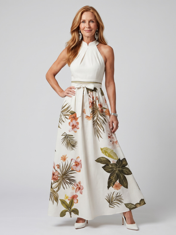 Nicole | Draped Halter Botanical Panel Maxi Dress