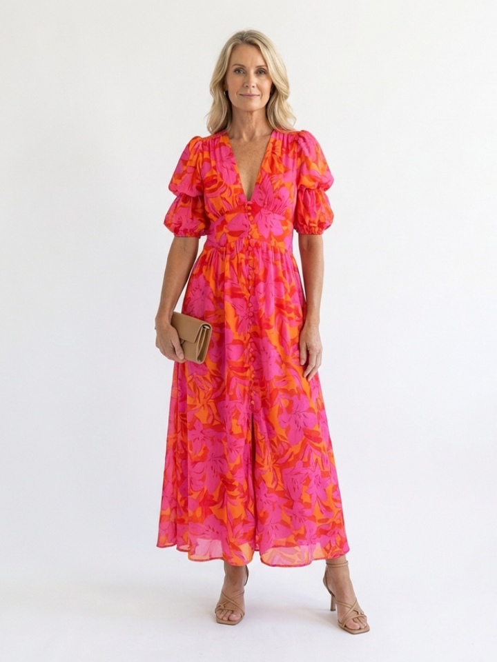 Chelsea | Floral V Neck Puff Sleeve Midi Dress