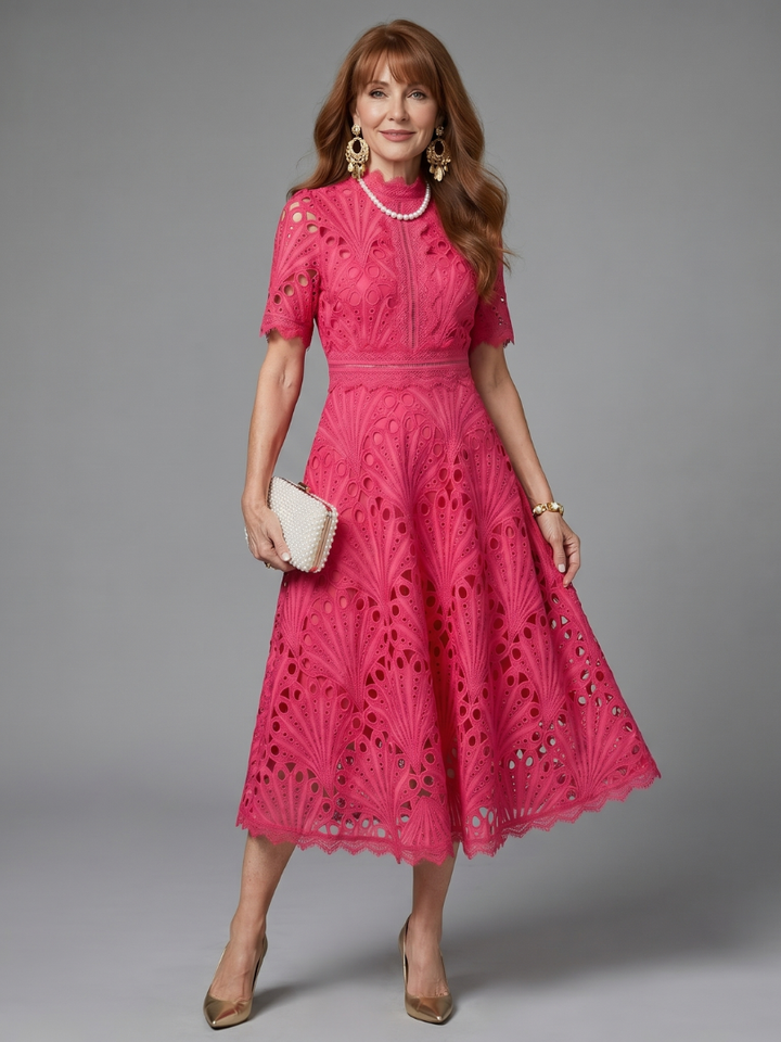 Brooke | Short Sleeve Eyelet Lace Fitted Waist Midi Dress