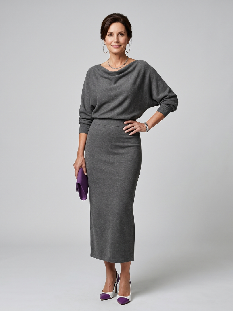 Ashley | Draped Neckline Fitted Skirt Midi Dress