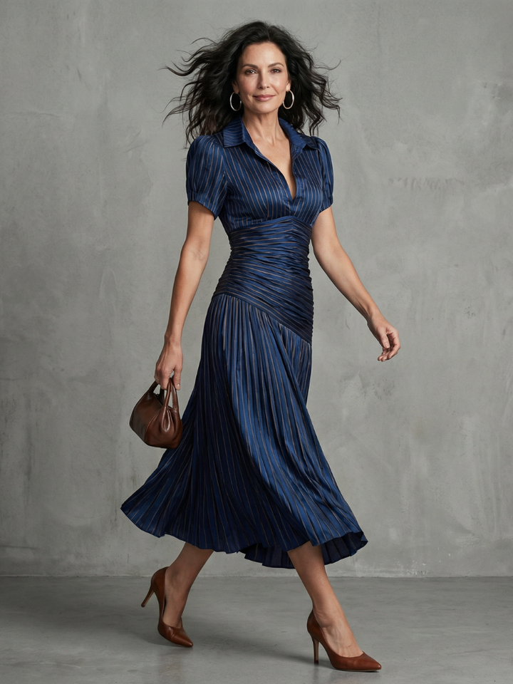 Kaitlyn | Pleated Waistline Stripe Midi Dress