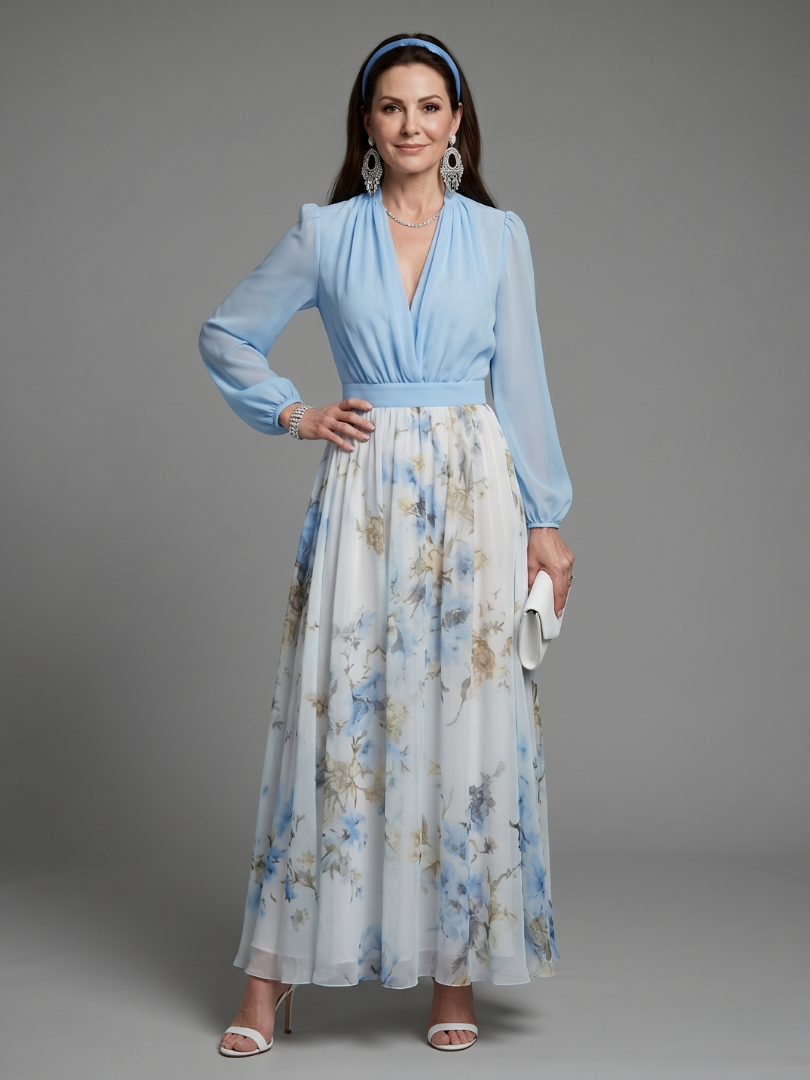 Kendall | V Neck Sheer Bodice Floral Maxi Dress