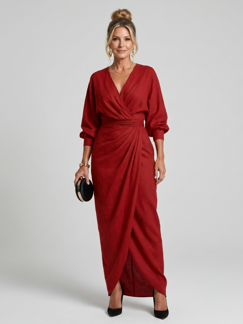Mackenzie | Long Sleeve Wrap Overlap Skirt Midi Dress