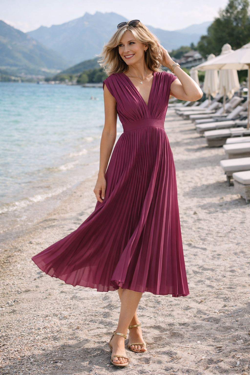 Anja | Pleated Midi Dress with V-Neck