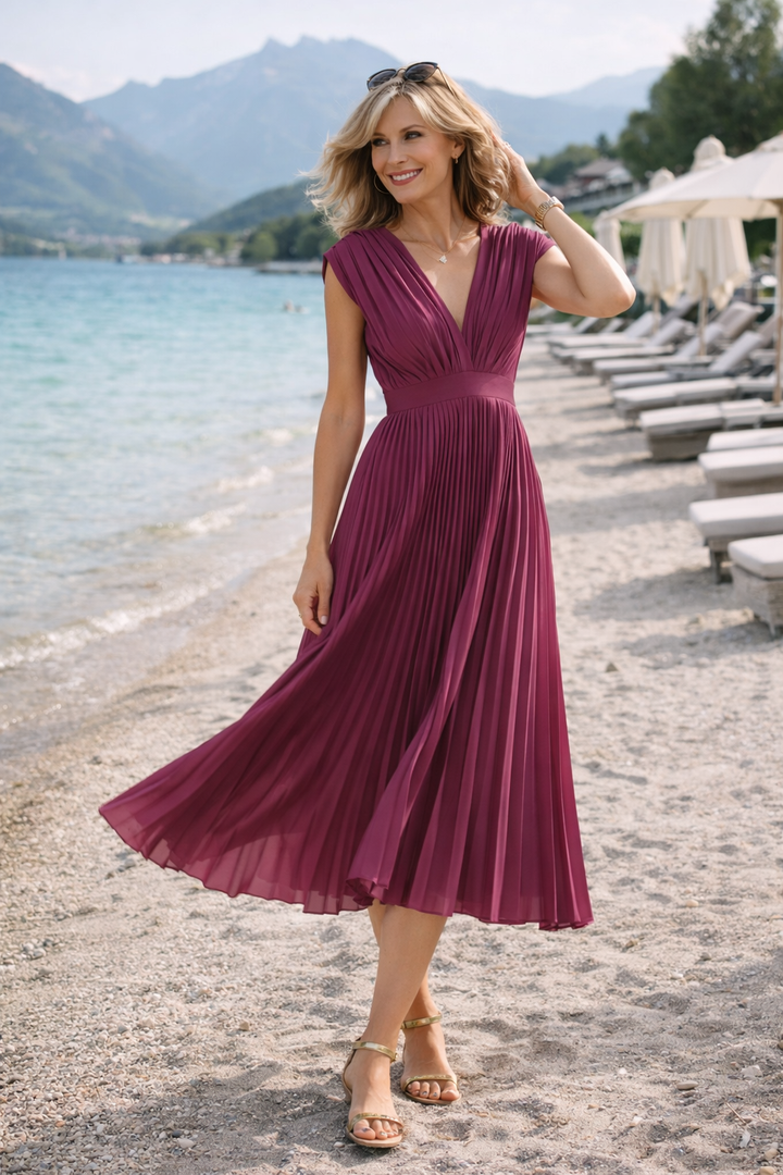 Anja | Pleated Midi Dress with V-Neck