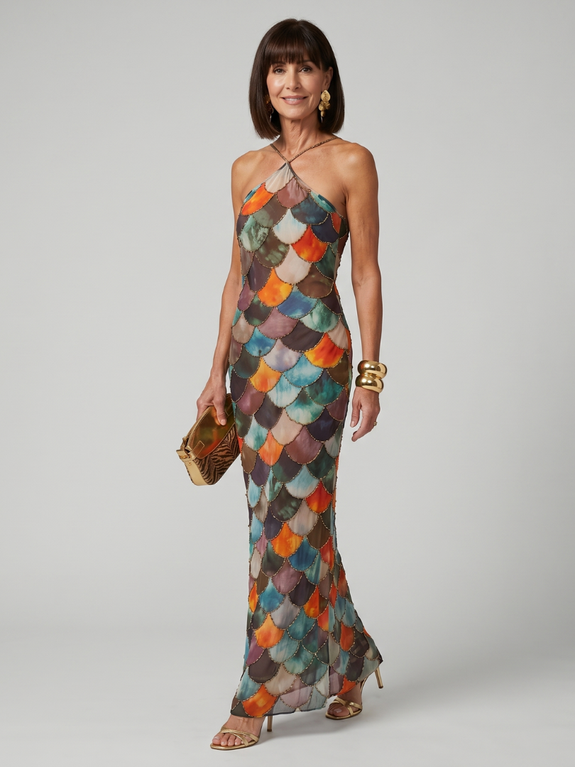 Ruby | Fitted Multicolor Scale Pattern Maxi Dress