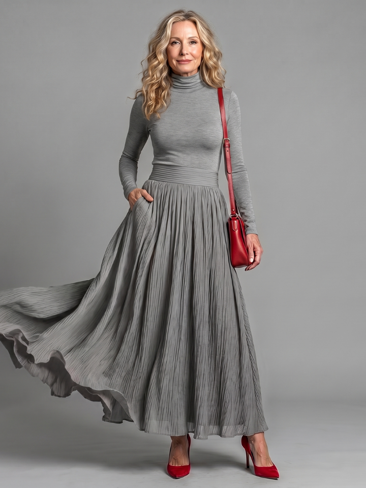 Sadie | Long Sleeve Turtleneck Defined Waist Midi Dress
