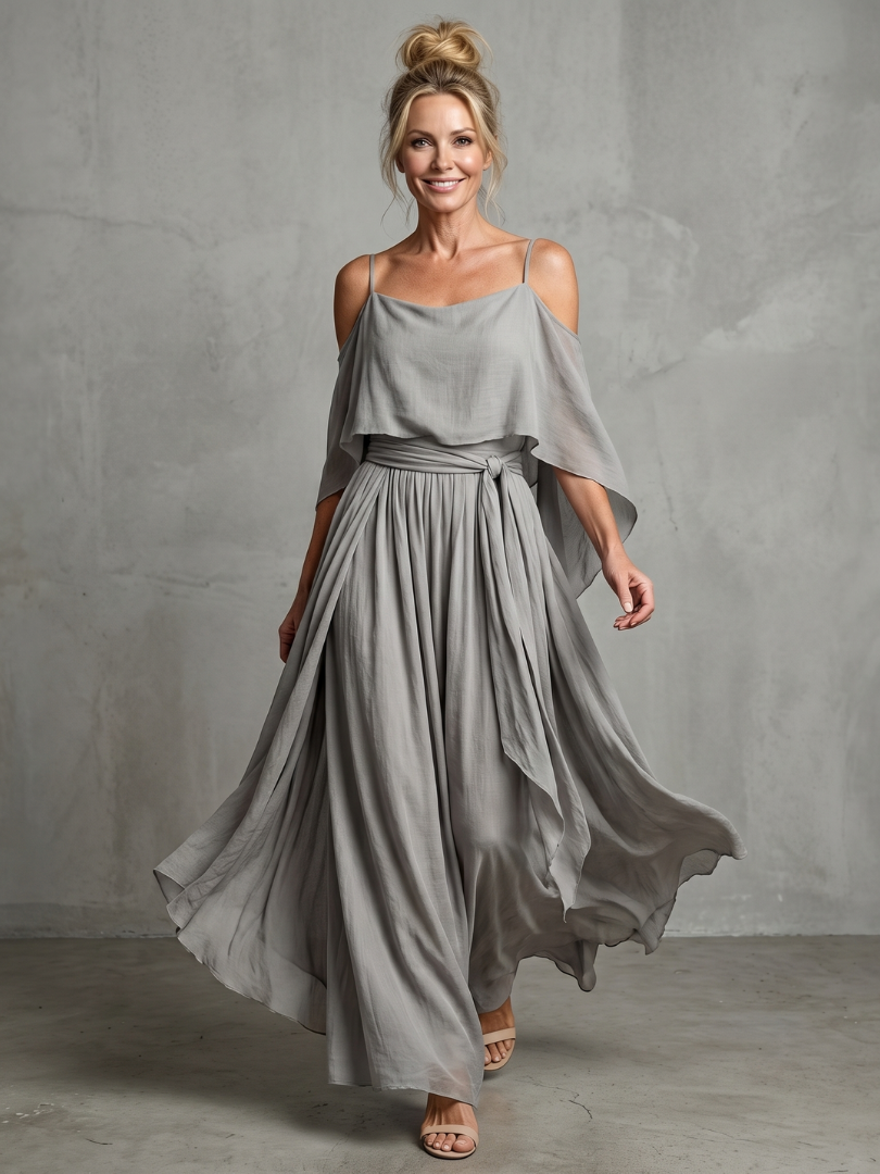 Rebecca | Layered Drape Cold Shoulder Top Wide Leg Set