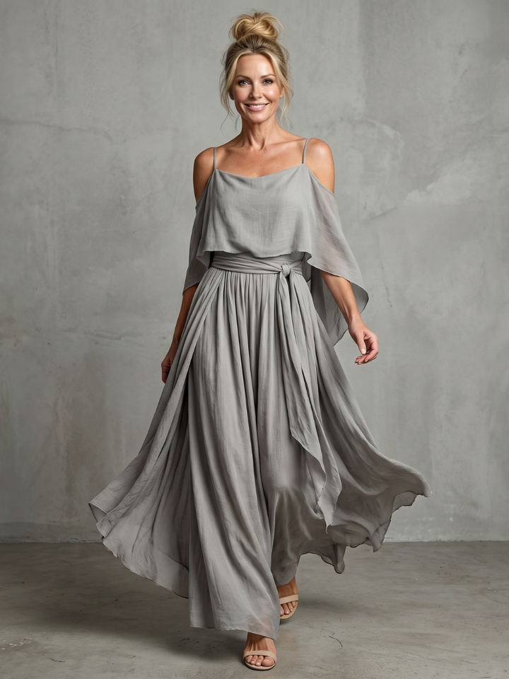 Rebecca | Layered Drape Cold Shoulder Top Wide Leg Set