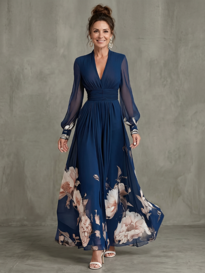Audrey | Pleated Sheer Sleeves Maxi Dress