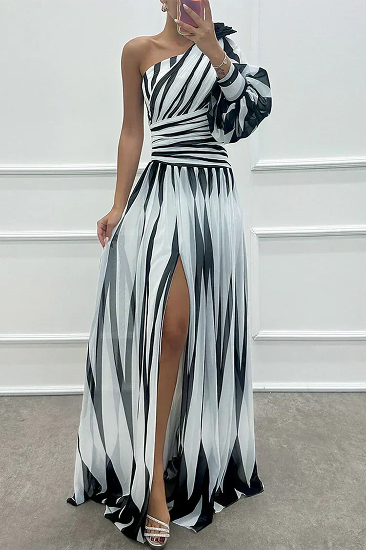 Hazel | Elegant Striped Maxi Dress with One Shoulder