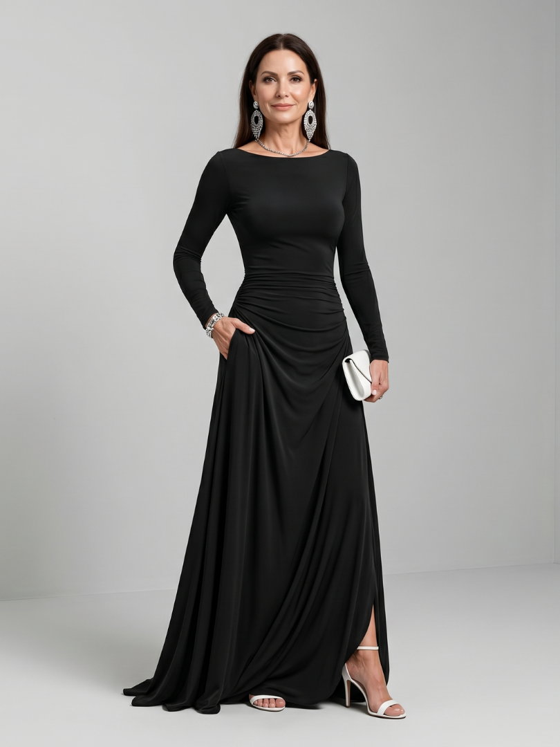 Jenna | Long Sleeve Boat Neck Flowing Maxi Dress
