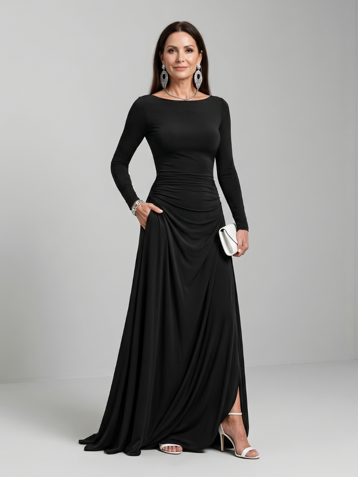 Jenna | Long Sleeve Boat Neck Flowing Maxi Dress