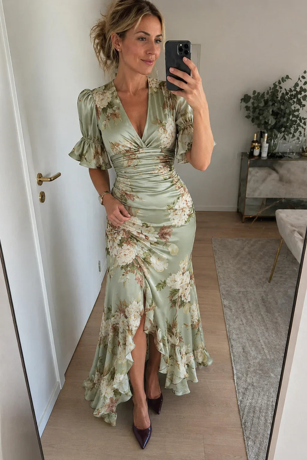 Olivia | Asymmetrical Floral Satin Long Dress