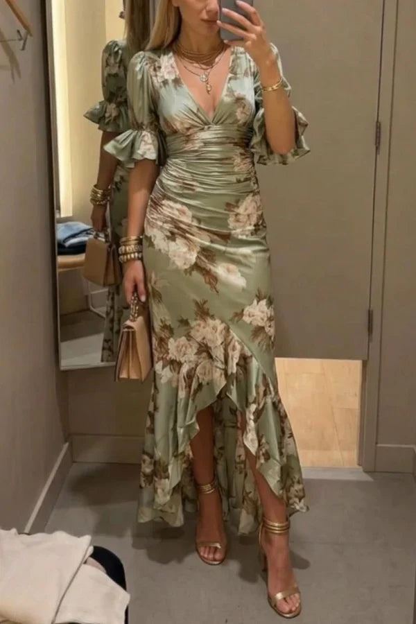 Olivia | Asymmetrical Floral Satin Long Dress