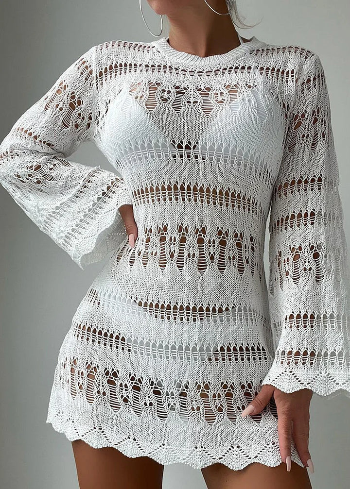 Boholita - White O-Neck Hollowed Out Cover Up Dress