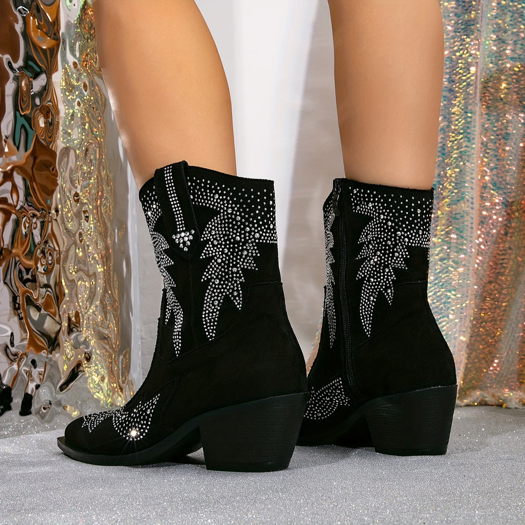 Marthy - Glitter Rhinestone Western Ankle Boots
