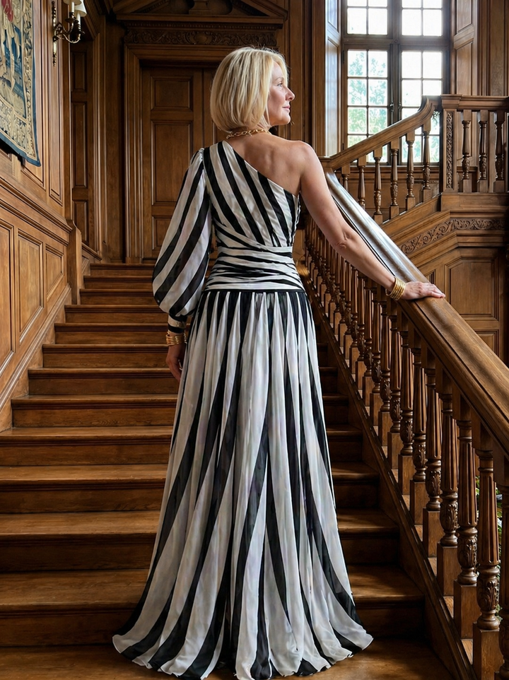 Leah | Elegant Striped Maxi Dress with One Shoulder