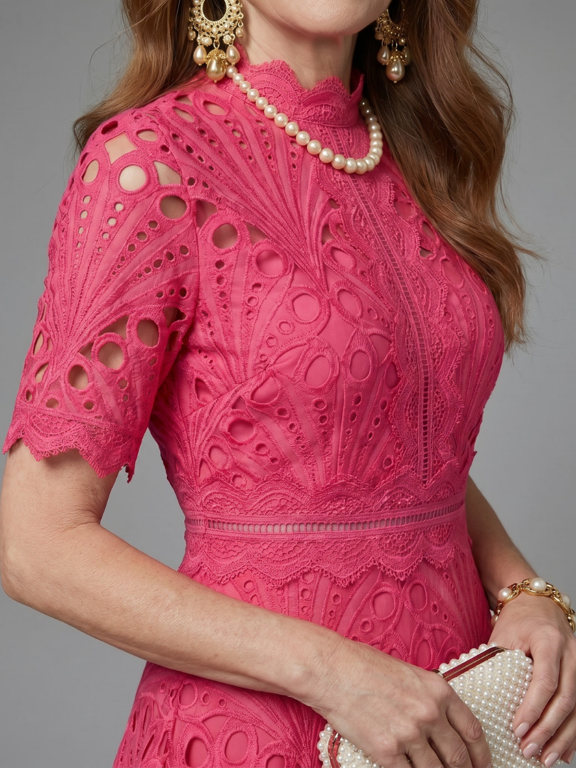 Brooke | Short Sleeve Eyelet Lace Fitted Waist Midi Dress