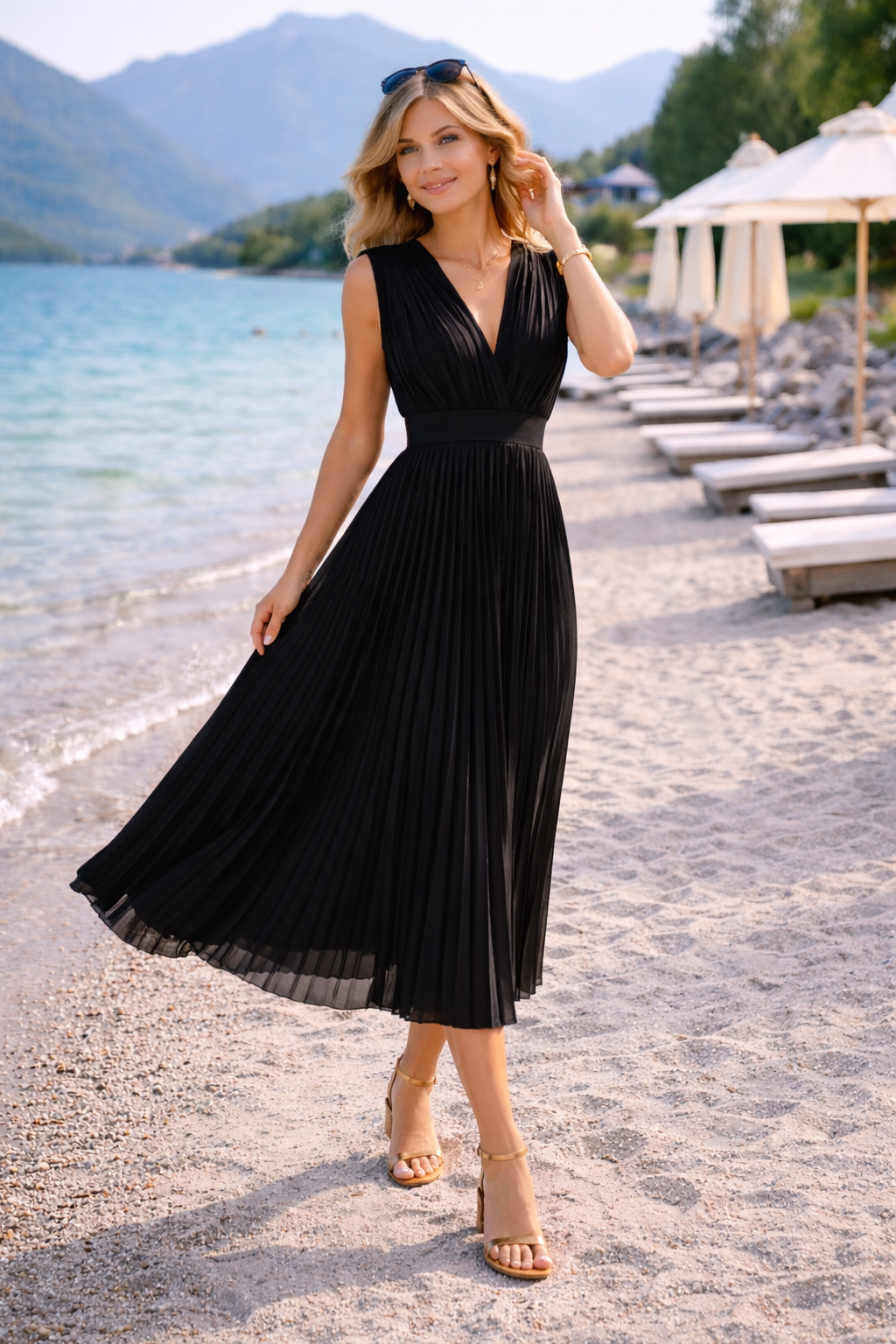 Anja | Pleated Midi Dress with V-Neck