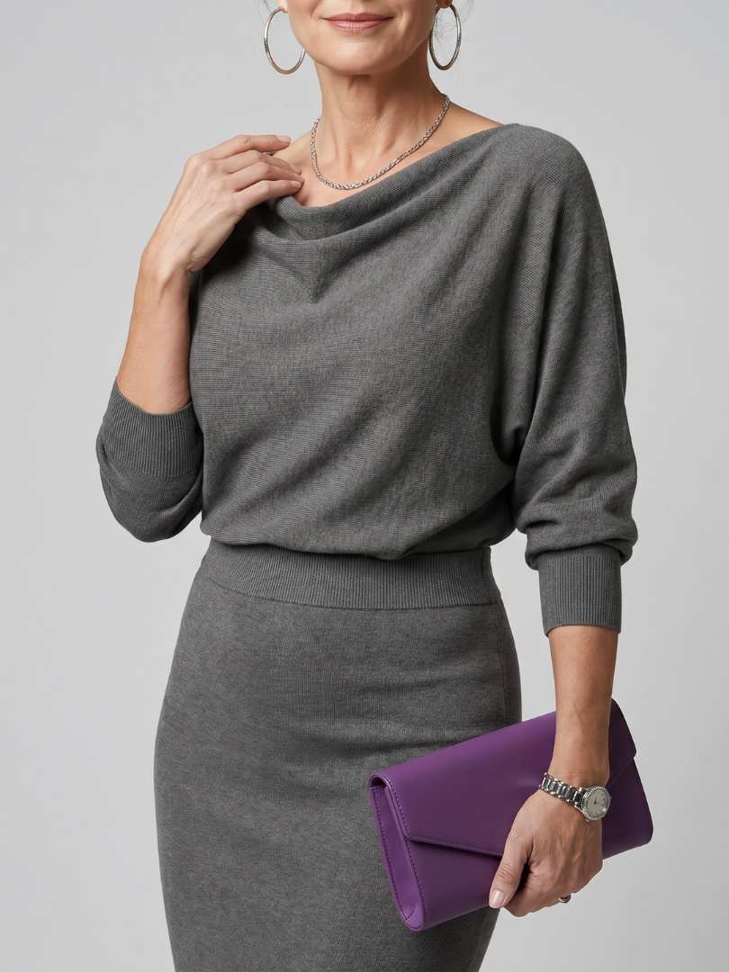 Ashley | Draped Neckline Fitted Skirt Midi Dress
