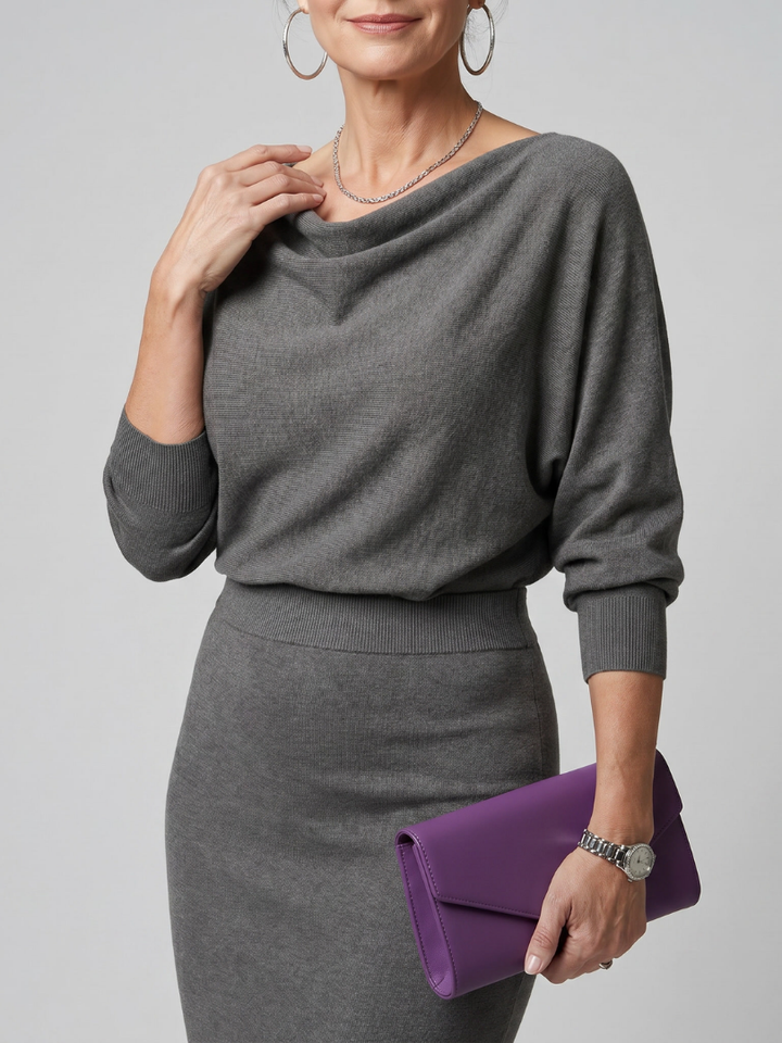 Ashley | Draped Neckline Fitted Skirt Midi Dress