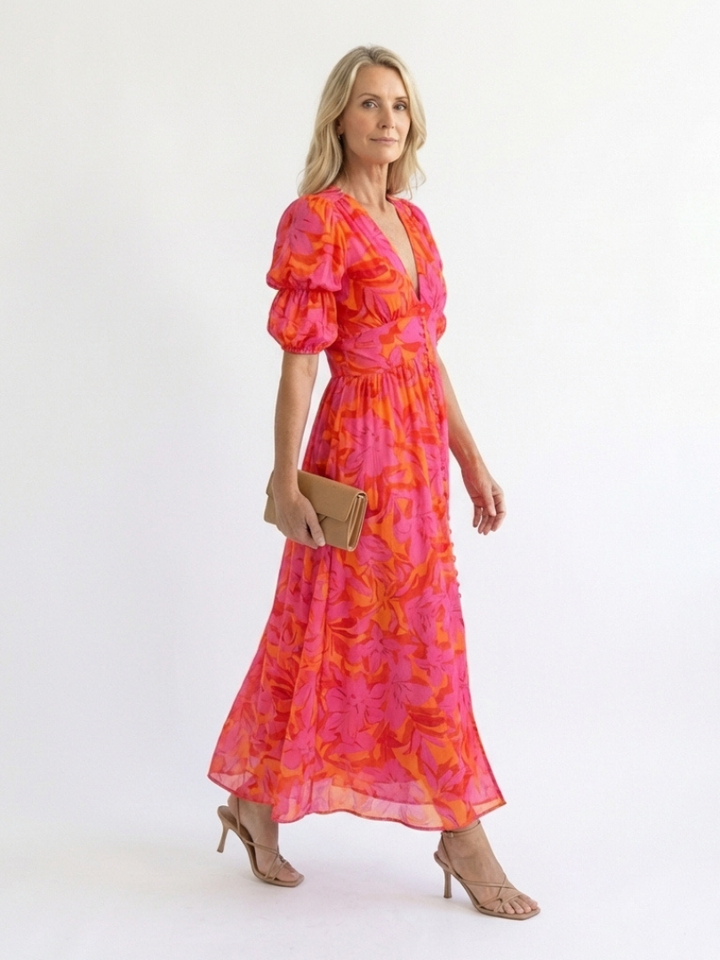 Chelsea | Floral V Neck Puff Sleeve Midi Dress
