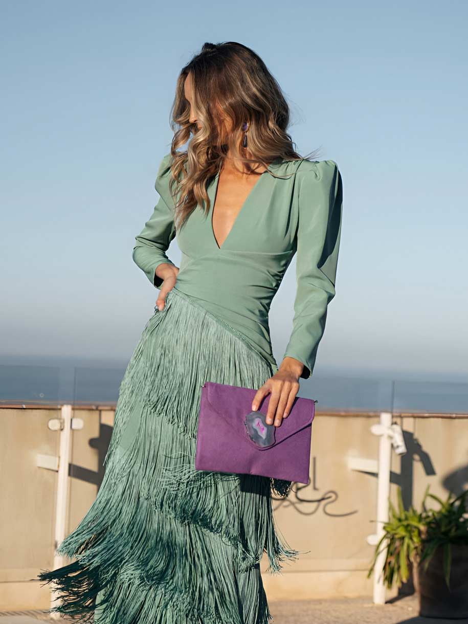Fiona | Sage Green Fringe Midi Dress