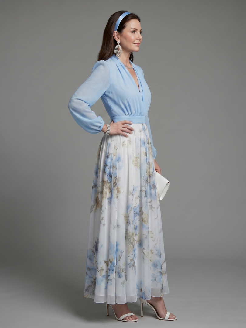 Kendall | V Neck Sheer Bodice Floral Maxi Dress