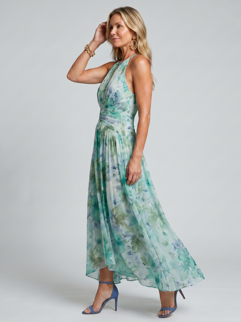 Sophie | Pleated Halter Soft Floral Pattern Midi Dress