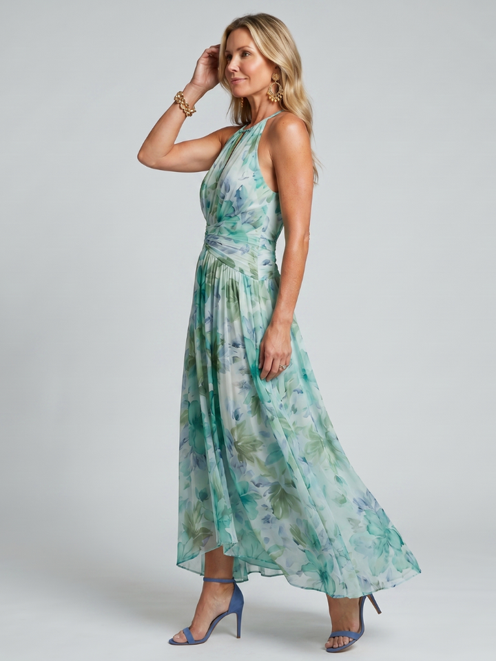 Sophie | Pleated Halter Soft Floral Pattern Midi Dress