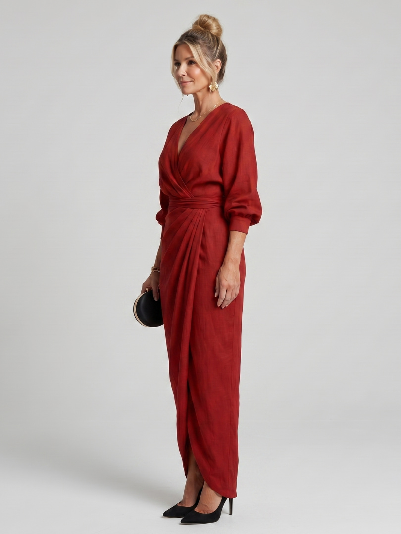 Mackenzie | Long Sleeve Wrap Overlap Skirt Midi Dress