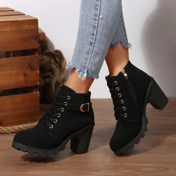 Cathy - Chic Lace-Up Metal Buckle Ankle Boots