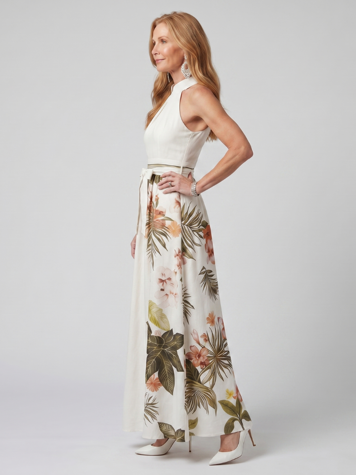 Nicole | Draped Halter Botanical Panel Maxi Dress