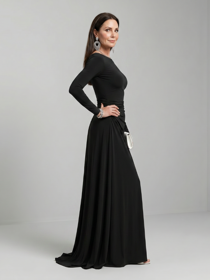 Jenna | Long Sleeve Boat Neck Flowing Maxi Dress
