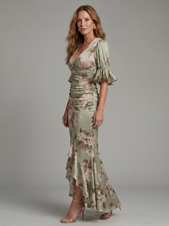 Caroline | Short Sleeve V Neck Ruched Waist Midi Dress