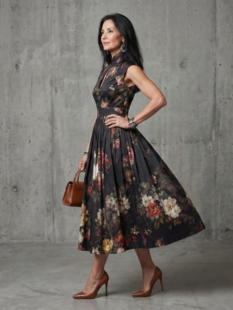 Sydney | High Neck Keyhole Floral Pleated Midi Dress
