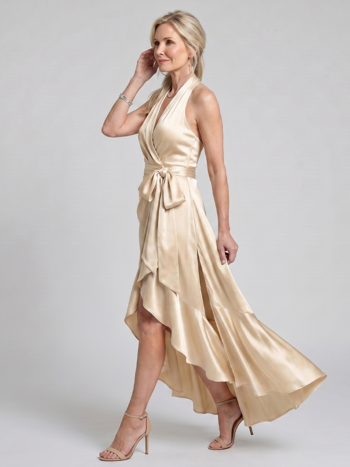 Bailey | Halter Neck Wrap Asymmetric Hem Midi Dress