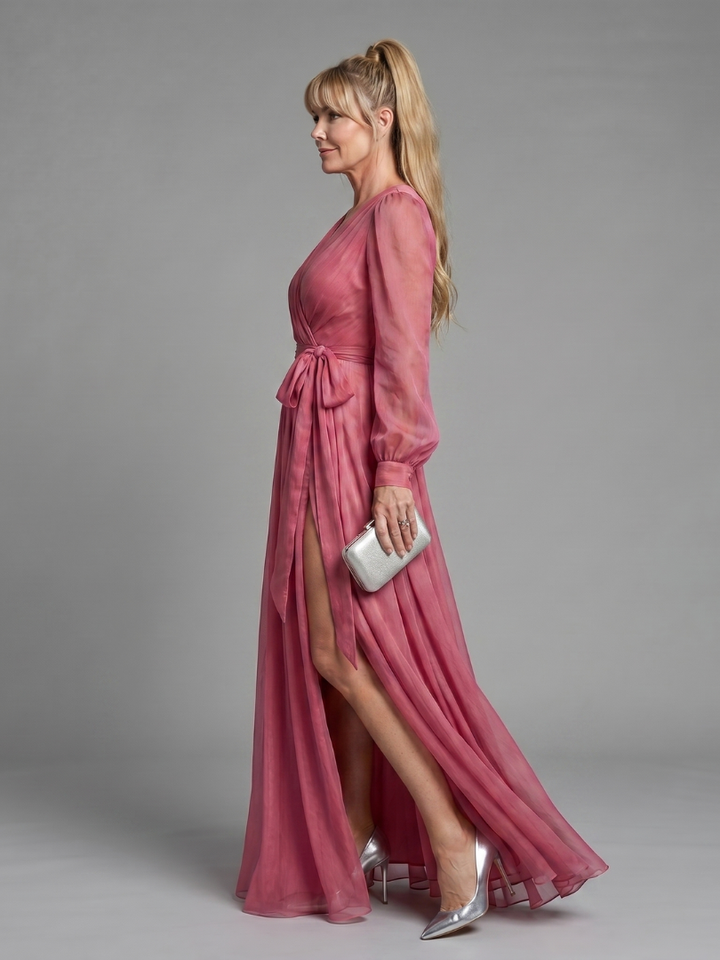 Elena | Long Sleeve Wrap Sheer Flowing Maxi Dress