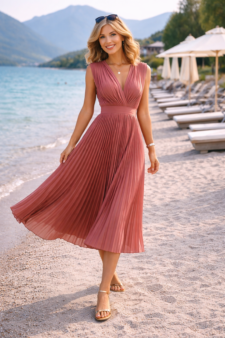 Anja | Pleated Midi Dress with V-Neck