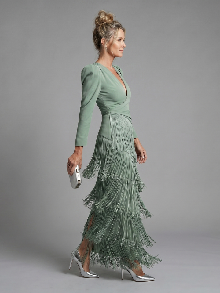 Kylie | Long Sleeve Soft Fringe Skirt Midi Dress