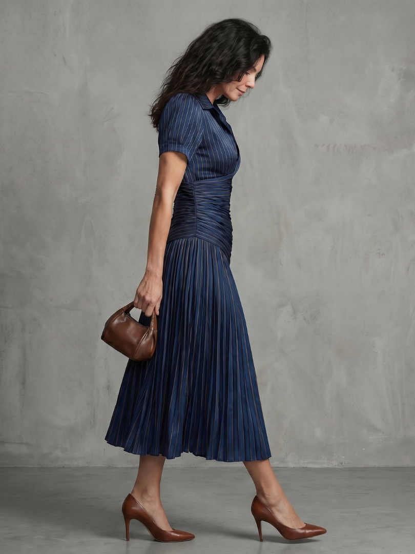 Kaitlyn | Pleated Waistline Stripe Midi Dress